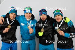 10.02.2021, Pokljuka, Slovenia (SLO): Said Karimulla Khalili (RBU), Matvey Eliseev (RBU), Alexander Loginov (RBU), Eduard Latypov (RBU), (l-r) - IBU World Championships Biathlon, medals, Pokljuka (SLO). www.nordicfocus.com. © Manzoni/NordicFocus. Every downloaded picture is fee-liable.
