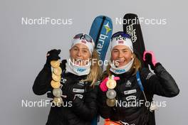 21.02.2021, Pokljuka, Slovenia (SLO): Tiril Eckhoff (NOR), Ingrid Landmark Tandrevold (NOR), (l-r) - IBU World Championships Biathlon, medals, Pokljuka (SLO). www.nordicfocus.com. © Manzoni/NordicFocus. Every downloaded picture is fee-liable.