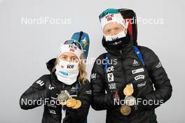 18.02.2021, Pokljuka, Slovenia (SLO): Tiril Eckhoff (NOR), Johannes Thingnes Boe (NOR), (l-r) - IBU World Championships Biathlon, medals, Pokljuka (SLO). www.nordicfocus.com. © Manzoni/NordicFocus. Every downloaded picture is fee-liable.