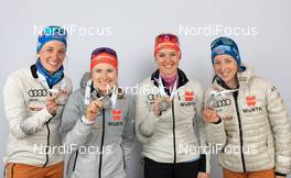 10.02.2021, Pokljuka, Slovenia (SLO): Vanessa Hinz (GER), Janina Hettich (GER), Denise Herrmann (GER), Franziska Preuss (GER), (l-r) - IBU World Championships Biathlon, medals, Pokljuka (SLO). www.nordicfocus.com. © Manzoni/NordicFocus. Every downloaded picture is fee-liable.
