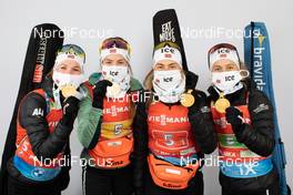20.02.2021, Pokljuka, Slovenia (SLO): Marte Olsbu Roeiseland (NOR), Ida Lien (NOR), Tiril Eckhoff (NOR), Ingrid Landmark Tandrevold (NOR), (l-r) - IBU World Championships Biathlon, medals, Pokljuka (SLO). www.nordicfocus.com. © Manzoni/NordicFocus. Every downloaded picture is fee-liable.
