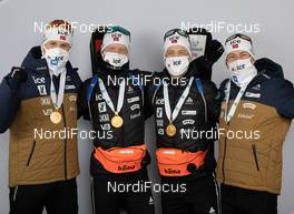 20.02.2021, Pokljuka, Slovenia (SLO): Vetle Sjaastad Christiansen (NOR), Johannes Thingnes Boe (NOR), Tarjei Boe (NOR), Sturla Holm Laegreid (NOR), (l-r) - IBU World Championships Biathlon, medals, Pokljuka (SLO). www.nordicfocus.com. © Manzoni/NordicFocus. Every downloaded picture is fee-liable.