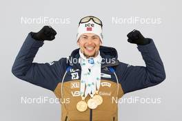10.02.2021, Pokljuka, Slovenia (SLO): Sturla Holm Laegreid (NOR) - IBU World Championships Biathlon, medals, Pokljuka (SLO). www.nordicfocus.com. © Manzoni/NordicFocus. Every downloaded picture is fee-liable.