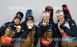 10.02.2021, Pokljuka, Slovenia (SLO): Marte Olsbu Roeiseland (NOR), Tiril Eckhoff (NOR), Johannes Thingnes Boe (NOR), Sturla Holm Laegreid (NOR), (l-r) - IBU World Championships Biathlon, medals, Pokljuka (SLO). www.nordicfocus.com. © Manzoni/NordicFocus. Every downloaded picture is fee-liable.
