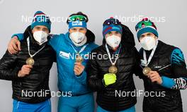 20.02.2021, Pokljuka, Slovenia (SLO): Said Karimulla Khalili (RBU), Matvey Eliseev (RBU), Alexander Loginov (RBU), Eduard Latypov (RBU), (l-r) - IBU World Championships Biathlon, medals, Pokljuka (SLO). www.nordicfocus.com. © Manzoni/NordicFocus. Every downloaded picture is fee-liable.
