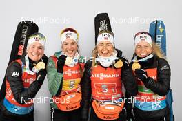 10.02.2021, Pokljuka, Slovenia (SLO): Marte Olsbu Roeiseland (NOR), Ida Lien (NOR), Tiril Eckhoff (NOR), Ingrid Landmark Tandrevold (NOR), (l-r) - IBU World Championships Biathlon, medals, Pokljuka (SLO). www.nordicfocus.com. © Manzoni/NordicFocus. Every downloaded picture is fee-liable.