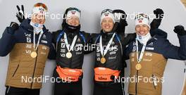 10.02.2021, Pokljuka, Slovenia (SLO): Vetle Sjaastad Christiansen (NOR), Johannes Thingnes Boe (NOR), Tarjei Boe (NOR), Sturla Holm Laegreid (NOR), (l-r) - IBU World Championships Biathlon, medals, Pokljuka (SLO). www.nordicfocus.com. © Manzoni/NordicFocus. Every downloaded picture is fee-liable.