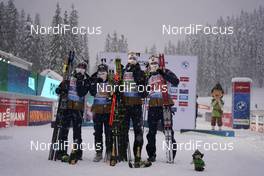 10.02.2021, Pokljuka, Slovenia (SLO): Marte Olsbu Roeiseland (NOR), Tiril Eckhoff (NOR), Johannes Thingnes Boe (NOR), Sturla Holm Laegreid (NOR), (l-r) - IBU World Championships Biathlon, relay mixed, Pokljuka (SLO). www.nordicfocus.com. © Thibaut/NordicFocus. Every downloaded picture is fee-liable.