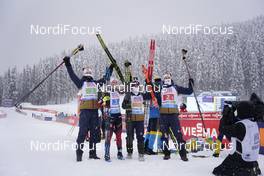 10.02.2021, Pokljuka, Slovenia (SLO): Johannes Thingnes Boe (NOR), Marte Olsbu Roeiseland (NOR), Tiril Eckhoff (NOR), Sturla Holm Laegreid (NOR), (l-r) - IBU World Championships Biathlon, relay mixed, Pokljuka (SLO). www.nordicfocus.com. © Thibaut/NordicFocus. Every downloaded picture is fee-liable.