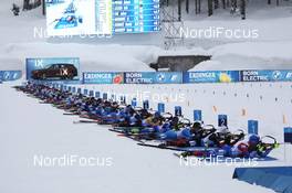 10.02.2021, Pokljuka, Slovenia (SLO): Event Feature: The athletes line up for the first prone shooting. - IBU World Championships Biathlon, relay mixed, Pokljuka (SLO). www.nordicfocus.com. © Manzoni/NordicFocus. Every downloaded picture is fee-liable.