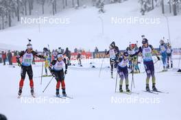 10.02.2021, Pokljuka, Slovenia (SLO): Scott Gow (CAN), Nadia Moser (CAN), Yuliia Dzhima (UKR), Dmytro Pidruchnyi (UKR), (l-r) - IBU World Championships Biathlon, relay mixed, Pokljuka (SLO). www.nordicfocus.com. © Manzoni/NordicFocus. Every downloaded picture is fee-liable.
