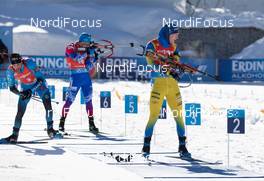 14.02.2021, Pokljuka, Slovenia (SLO): Simon Desthieux (FRA), Eduard Latypov (RBU), Sebastian Samuelsson (SWE), (l-r) - IBU World Championships Biathlon, pursuit men, Pokljuka (SLO). www.nordicfocus.com. © Manzoni/NordicFocus. Every downloaded picture is fee-liable.