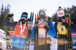 14.02.2021, Pokljuka, Slovenia (SLO): Sebastian Samuelsson (SWE), Emilien Jacquelin (FRA), Johannes Thingnes Boe (NOR), (l-r)  - IBU World Championships Biathlon, pursuit men, Pokljuka (SLO). www.nordicfocus.com. © Thibaut/NordicFocus. Every downloaded picture is fee-liable.