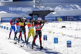 14.02.2021, Pokljuka, Slovenia (SLO): Sturla Holm Laegreid (NOR), Sebastian Samuelsson (SWE), Johannes Thingnes Boe (NOR), Simon Desthieux (FRA), (l-r) - IBU World Championships Biathlon, pursuit men, Pokljuka (SLO). www.nordicfocus.com. © Manzoni/NordicFocus. Every downloaded picture is fee-liable.