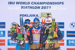 14.02.2021, Pokljuka, Slovenia (SLO): Sebastian Samuelsson (SWE), Emilien Jacquelin (FRA), Johannes Thingnes Boe (NOR), (l-r) - IBU World Championships Biathlon, pursuit men, Pokljuka (SLO). www.nordicfocus.com. © Thibaut/NordicFocus. Every downloaded picture is fee-liable.