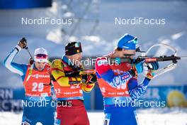 14.02.2021, Pokljuka, Slovenia (SLO): Olli Hiidensalo (FIN), Florent Claude (BEL), Matvey Eliseev (RBU), (l-r) - IBU World Championships Biathlon, pursuit men, Pokljuka (SLO). www.nordicfocus.com. © Manzoni/NordicFocus. Every downloaded picture is fee-liable.