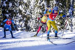 14.02.2021, Pokljuka, Slovenia (SLO): Sebastian Samuelsson (SWE), Johannes Thingnes Boe (NOR), Simon Desthieux (FRA), (l-r) - IBU World Championships Biathlon, pursuit men, Pokljuka (SLO). www.nordicfocus.com. © Thibaut/NordicFocus. Every downloaded picture is fee-liable.