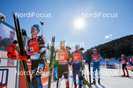 14.02.2021, Pokljuka, Slovenia (SLO): Rene Zahkna (EST), Tsukasa Kobonoki (JPN), Mihail Usov (MDA), Olli Hiidensalo (FIN), (l-r) - IBU World Championships Biathlon, pursuit men, Pokljuka (SLO). www.nordicfocus.com. © Manzoni/NordicFocus. Every downloaded picture is fee-liable.