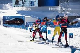 14.02.2021, Pokljuka, Slovenia (SLO): Eduard Latypov (RBU), Simon Desthieux (FRA), Johannes Thingnes Boe (NOR), Sebastian Samuelsson (SWE), Sturla Holm Laegreid (NOR), (l-r) - IBU World Championships Biathlon, pursuit men, Pokljuka (SLO). www.nordicfocus.com. © Manzoni/NordicFocus. Every downloaded picture is fee-liable.
