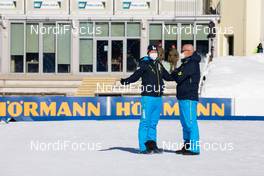 14.02.2021, Pokljuka, Slovenia (SLO): Daniel Boehm (GER), IBU Sports Manager, Borut Nunar (SLO) IBU Race Director World Cup, (l-r) - IBU World Championships Biathlon, pursuit men, Pokljuka (SLO). www.nordicfocus.com. © Manzoni/NordicFocus. Every downloaded picture is fee-liable.