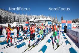 14.02.2021, Pokljuka, Slovenia (SLO): Event Feature: The field is lined up for the start - IBU World Championships Biathlon, pursuit men, Pokljuka (SLO). www.nordicfocus.com. © Manzoni/NordicFocus. Every downloaded picture is fee-liable.