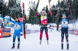 14.02.2021, Pokljuka, Slovenia (SLO): Anais Chevalier-Bouchet (FRA), Tiril Eckhoff (NOR), Lisa Theresa Hauser (AUT), (l-r)  - IBU World Championships Biathlon, pursuit women, Pokljuka (SLO). www.nordicfocus.com. © Thibaut/NordicFocus. Every downloaded picture is fee-liable.