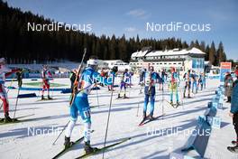 18.02.2021, Pokljuka, Slovenia (SLO): Event Feature: The field is lined up for the start - IBU World Championships Biathlon, single mixed relay, Pokljuka (SLO). www.nordicfocus.com. © Manzoni/NordicFocus. Every downloaded picture is fee-liable.