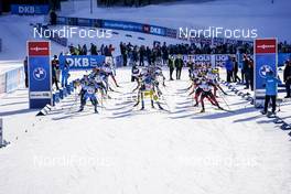 18.02.2021, Pokljuka, Slovenia (SLO): Antonin Guigonnat (FRA), Erik Lesser (GER), Sebastian Samuelsson (SWE), Johannes Thingnes Boe (NOR), Christian Gow (CAN), Florent Claude (BEL), Benjamin Weger (SUI), (l-r) - IBU World Championships Biathlon, single mixed relay, Pokljuka (SLO). www.nordicfocus.com. © Thibaut/NordicFocus. Every downloaded picture is fee-liable.