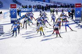 18.02.2021, Pokljuka, Slovenia (SLO): Antonin Guigonnat (FRA), Erik Lesser (GER), Sebastian Samuelsson (SWE), Johannes Thingnes Boe (NOR), Christian Gow (CAN), Florent Claude (BEL), Benjamin Weger (SUI), (l-r) - IBU World Championships Biathlon, single mixed relay, Pokljuka (SLO). www.nordicfocus.com. © Thibaut/NordicFocus. Every downloaded picture is fee-liable.