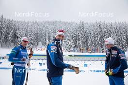 12.02.2021, Pokljuka, Slovenia (SLO): Tuomas Harjula (FIN), Olli Hiidensalo (FIN), Tero Seppala (FIN), (l-r) - IBU World Championships Biathlon, sprint men, Pokljuka (SLO). www.nordicfocus.com. © Manzoni/NordicFocus. Every downloaded picture is fee-liable.