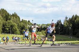26.08.2021, Nove Mesto na Morave, Czech Republic (CZE): Denis Roshchupkin (RBU), Wojciech Janik (POL), Vitezslav Hornig (CZE), (l-r) - IBU Summer Biathlon World Championships, Super Sprint Junior Men, Nove Mesto na Morave (CZE). www.nordicfocus.com. © Manzoni/NordicFocus. Every downloaded picture is fee-liable.