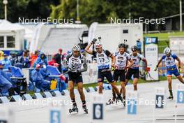 27.08.2021, Nove Mesto na Morave, Czech Republic (CZE): Denys Nasyko (UKR), Michal Sima (SVK), Michal Krcmar (CZE), (l-r) - IBU Summer Biathlon World Championships, Super Sprint Men, Nove Mesto na Morave (CZE). www.nordicfocus.com. © Manzoni/NordicFocus. Every downloaded picture is fee-liable.