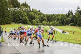 27.08.2021, Nove Mesto na Morave, Czech Republic (CZE): Florent Claude (BEL), Andrzej Nedza-Kubiniec (POL), Yaroslav Kostyukov (RBU), Cornel Puchianu (ROU), Tomas Kaukenas (LTU), (l-r) - IBU Summer Biathlon World Championships, Super Sprint Men, Nove Mesto na Morave (CZE). www.nordicfocus.com. © Manzoni/NordicFocus. Every downloaded picture is fee-liable.