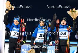 28.11.2021, Oestersund, Sweden, (SWE): Emilien Jacquelin (FRA), Simon Desthieux (FRA), Fabien Claude (FRA), (l-r) - IBU World Cup Biathlon, sprint men, Oestersund (SWE). www.nordicfocus.com. © Manzoni/NordicFocus. Every downloaded picture is fee-liable.