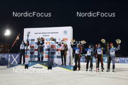 28.11.2021, Oestersund, Sweden, (SWE): Vetle Sjaastad Christiansen (NOR), Sebastian Samuelsson (SWE), Johannes Thingnes Boe (NOR), Emilien Jacquelin (FRA), Simon Desthieux (FRA), Fabien Claude (FRA), Philipp Nawrath (GER), (l-r) - IBU World Cup Biathlon, sprint men, Oestersund (SWE). www.nordicfocus.com. © Manzoni/NordicFocus. Every downloaded picture is fee-liable.