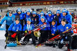05.12.2021, Oestersund, Sweden, (SWE): Antonin Guigonnat (FRA), Emilien Jacquelin (FRA), Simon Desthieux (FRA), Fabien Claude (FRA), (l-r) - IBU World Cup Biathlon, pursuit men, Oestersund (SWE). www.nordicfocus.com. © Manzoni/NordicFocus. Every downloaded picture is fee-liable.