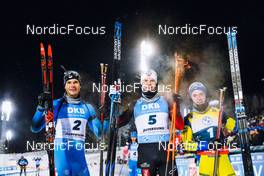 05.12.2021, Oestersund, Sweden, (SWE): Emilien Jacquelin (FRA), Vetle Sjaastad Christiansen (NOR), Sebastian Samuelsson (SWE), (l-r) - IBU World Cup Biathlon, pursuit men, Oestersund (SWE). www.nordicfocus.com. © Manzoni/NordicFocus. Every downloaded picture is fee-liable.