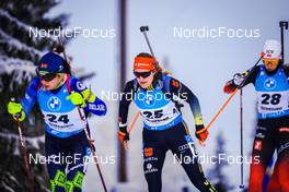 04.12.2021, Oestersund, Sweden, (SWE): Iryna Leshchanka (BLR), Janina Hettich (GER), Ida Lien (NOR), (l-r) - IBU World Cup Biathlon, pursuit women, Oestersund (SWE). www.nordicfocus.com. © Manzoni/NordicFocus. Every downloaded picture is fee-liable.