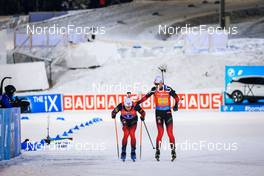 04.12.2021, Oestersund, Sweden, (SWE): Vetle Sjaastad Christiansen (NOR), Johannes Thingnes Boe (NOR), (l-r) - IBU World Cup Biathlon, relay men, Oestersund (SWE). www.nordicfocus.com. © Manzoni/NordicFocus. Every downloaded picture is fee-liable.