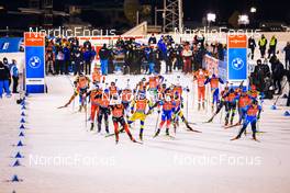 04.12.2021, Oestersund, Sweden, (SWE): Event Feature: Start of the mens race, Erik Lesser (GER), Tarjei Boe (NOR), Peppe Femling (SWE), Fabien Claude (FRA)  - IBU World Cup Biathlon, relay men, Oestersund (SWE). www.nordicfocus.com. © Manzoni/NordicFocus. Every downloaded picture is fee-liable.