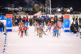 04.12.2021, Oestersund, Sweden, (SWE): Event Feature: Start of the mens race, Erik Lesser (GER), Tarjei Boe (NOR), Peppe Femling (SWE), Fabien Claude (FRA) - IBU World Cup Biathlon, relay men, Oestersund (SWE). www.nordicfocus.com. © Manzoni/NordicFocus. Every downloaded picture is fee-liable.
