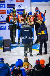 04.12.2021, Oestersund, Sweden, (SWE): Said Karimulla Khalili (RUS), Alexander Loginov (RUS), Daniil Serokhvostov (RUS), (l-r) - IBU World Cup Biathlon, relay men, Oestersund (SWE). www.nordicfocus.com. © Manzoni/NordicFocus. Every downloaded picture is fee-liable.