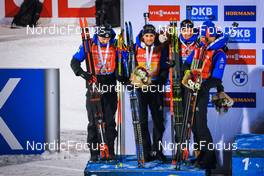 04.12.2021, Oestersund, Sweden, (SWE): Fabien Claude (FRA), Simon Desthieux (FRA), Quentin Fillon Maillet (FRA), Emilien Jacquelin (FRA), (l-r) - IBU World Cup Biathlon, relay men, Oestersund (SWE). www.nordicfocus.com. © Manzoni/NordicFocus. Every downloaded picture is fee-liable.