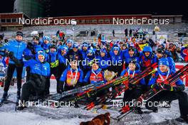 04.12.2021, Oestersund, Sweden, (SWE): Simon Desthieux (FRA), Quentin Fillon Maillet (FRA), Fabien Claude (FRA), Emilien Jacquelin (FRA), (l-r) - IBU World Cup Biathlon, relay men, Oestersund (SWE). www.nordicfocus.com. © Manzoni/NordicFocus. Every downloaded picture is fee-liable.