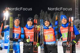 04.12.2021, Oestersund, Sweden, (SWE): Quentin Fillon Maillet (FRA), Fabien Claude (FRA), Simon Desthieux (FRA), Emilien Jacquelin (FRA), (l-r) - IBU World Cup Biathlon, relay men, Oestersund (SWE). www.nordicfocus.com. © Manzoni/NordicFocus. Every downloaded picture is fee-liable.