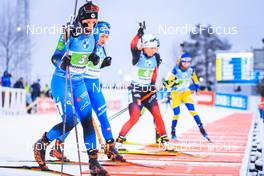05.12.2021, Oestersund, Sweden, (SWE): Anais Chevalier-Bouchet (FRA), Dorothea Wierer (ITA), Tiril Eckhoff (NOR), Mona Brorsson (SWE), (l-r) - IBU World Cup Biathlon, relay women, Oestersund (SWE). www.nordicfocus.com. © Manzoni/NordicFocus. Every downloaded picture is fee-liable.