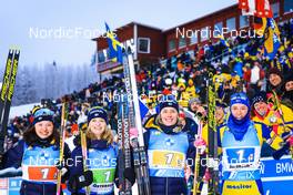 05.12.2021, Oestersund, Sweden, (SWE): Linn Persson (SWE), Mona Brorsson (SWE), Elvira Oeberg (SWE), Hanna Oeberg (SWE), (l-r) - IBU World Cup Biathlon, relay women, Oestersund (SWE). www.nordicfocus.com. © Manzoni/NordicFocus. Every downloaded picture is fee-liable.