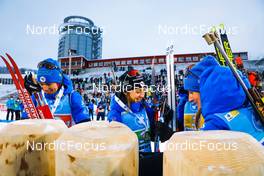 05.12.2021, Oestersund, Sweden, (SWE): Anais Bescond (FRA), Anais Chevalier-Bouchet (FRA), Justine Braisaz-Bouchet (FRA), (l-r) - IBU World Cup Biathlon, relay women, Oestersund (SWE). www.nordicfocus.com. © Manzoni/NordicFocus. Every downloaded picture is fee-liable.