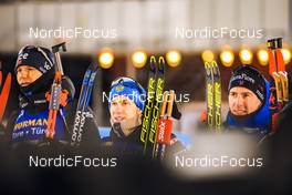 02.12.2021, Oestersund, Sweden, (SWE): Vetle Sjaastad Christiansen (NOR), Eduard Latypov (RUS), Quentin Fillon Maillet (FRA), (l-r) - IBU World Cup Biathlon, sprint men, Oestersund (SWE). www.nordicfocus.com. © Manzoni/NordicFocus. Every downloaded picture is fee-liable.