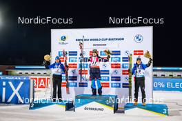 02.12.2021, Oestersund, Sweden, (SWE): Emilien Jacquelin (FRA), Sebastian Samuelsson (SWE), Quentin Fillon Maillet (FRA), (l-r) - IBU World Cup Biathlon, sprint men, Oestersund (SWE). www.nordicfocus.com. © Manzoni/NordicFocus. Every downloaded picture is fee-liable.